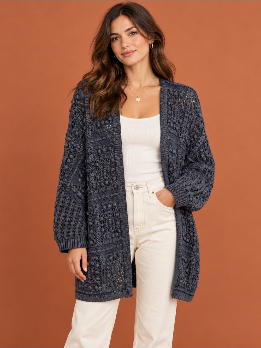 Lucky Brand Open-Front Chunky Knit Cardigan - Slate Blue Size L
